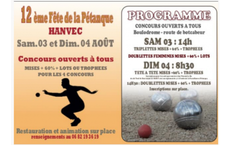 HANVEC 12ème Fête de la Pétanque, les samedi 3 et dimanche 4 août ...